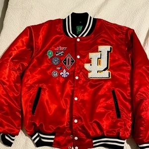 RED SATIN VARSITY JACKET with patches. MENS XL. JETLIFE APPAREL CURREN$Y